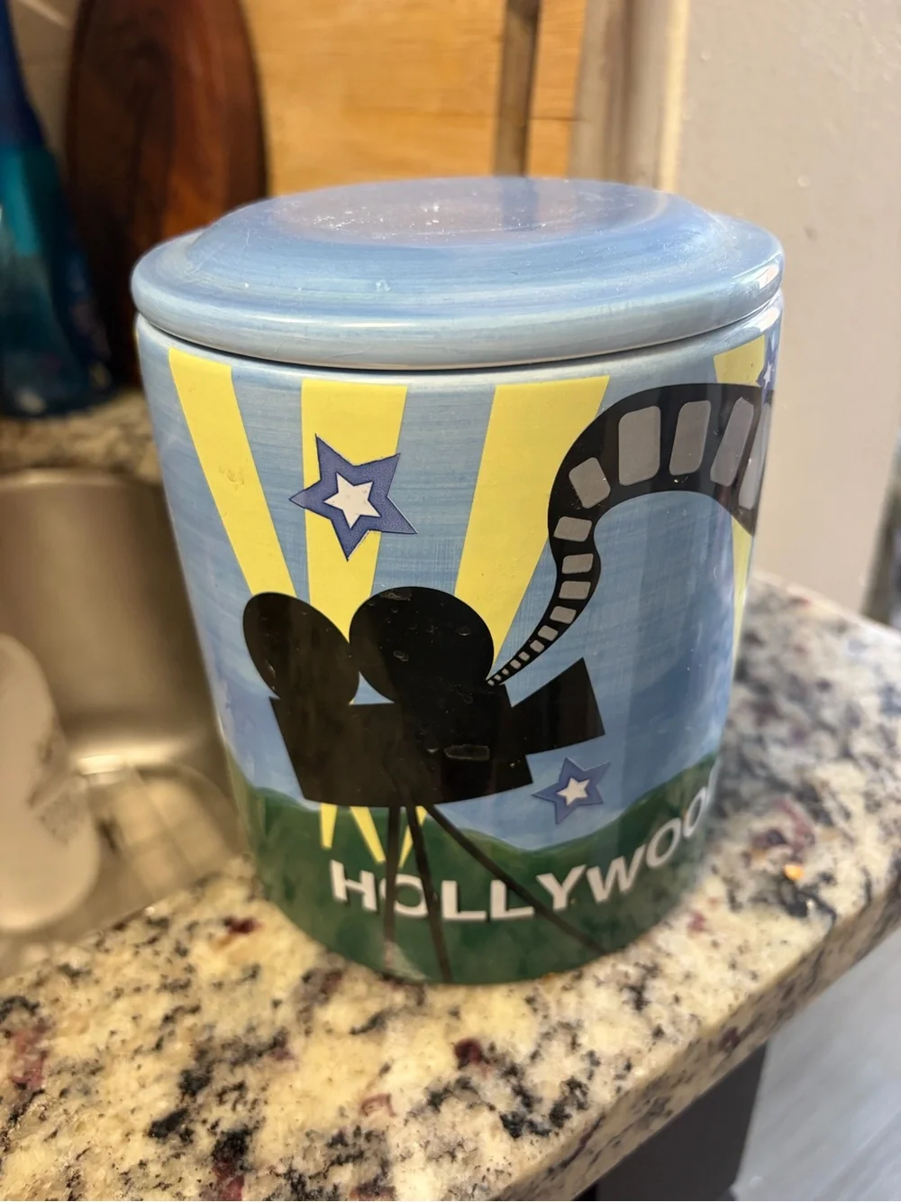 Hollywood Film Camera Decorative Ceramic Jar - Blue & Yellow